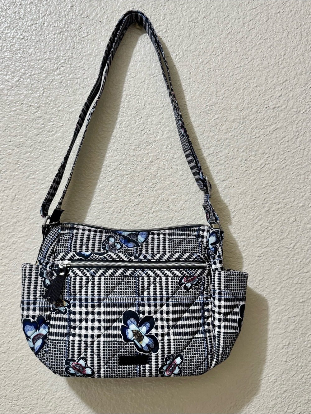Vera Bradley Quilted Plaid Shoulder Bag with Floral Accents - Black & White